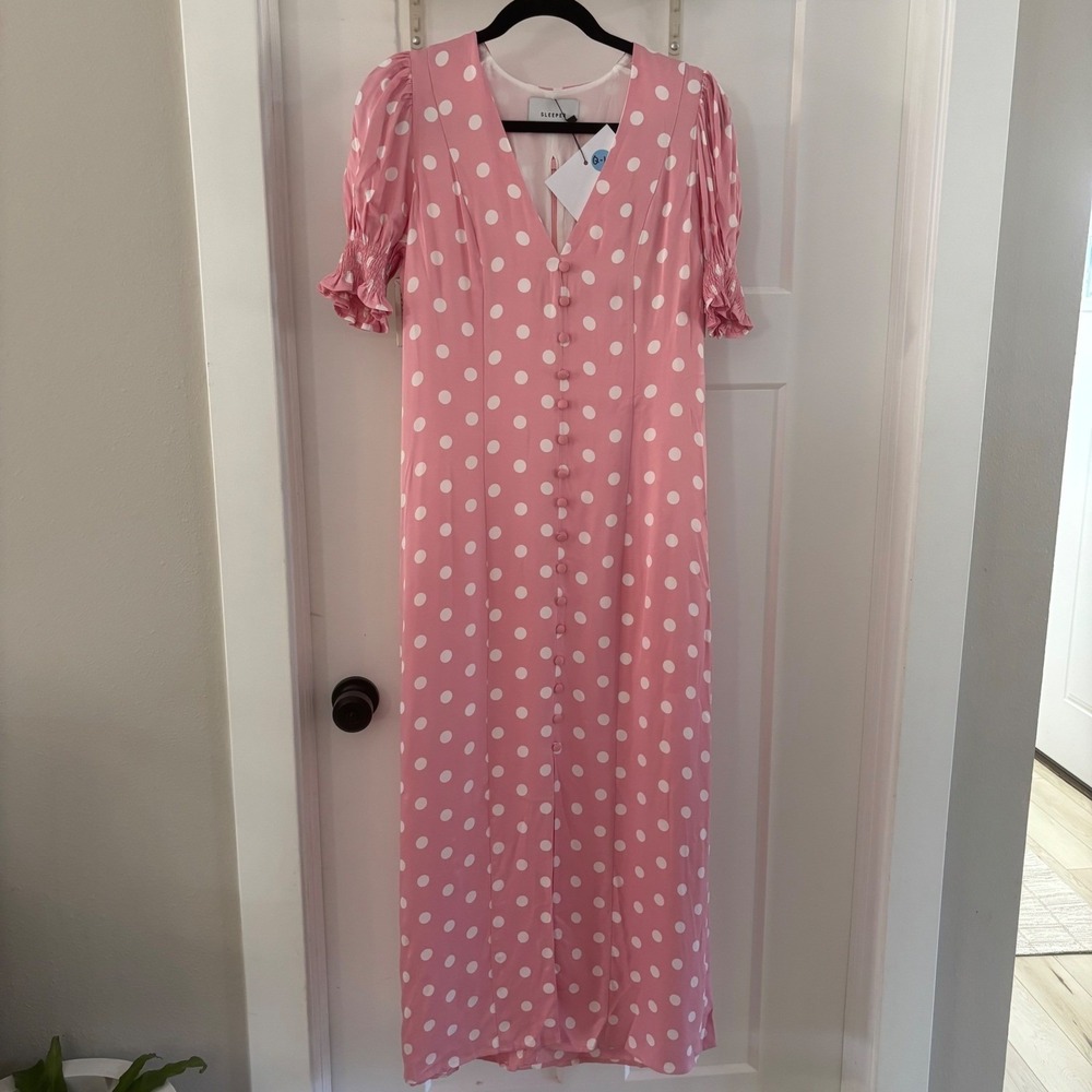 NWT SLEEPER Bella Medium Pink Polka Dot Midi Dress Puff Sleeve Button Front